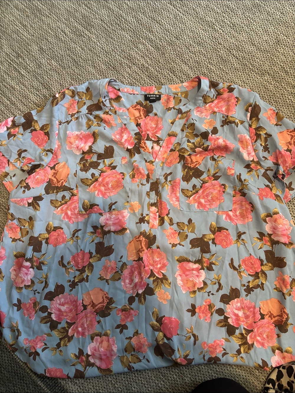 torrid Pink Rose Print Blouse on Light Blue